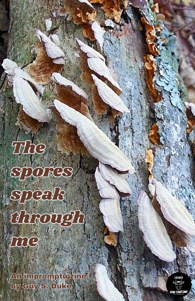 Mushrooms growing from a log with the words "The spores speak through me: An impromptu zine by Guy S. Duke" on it.